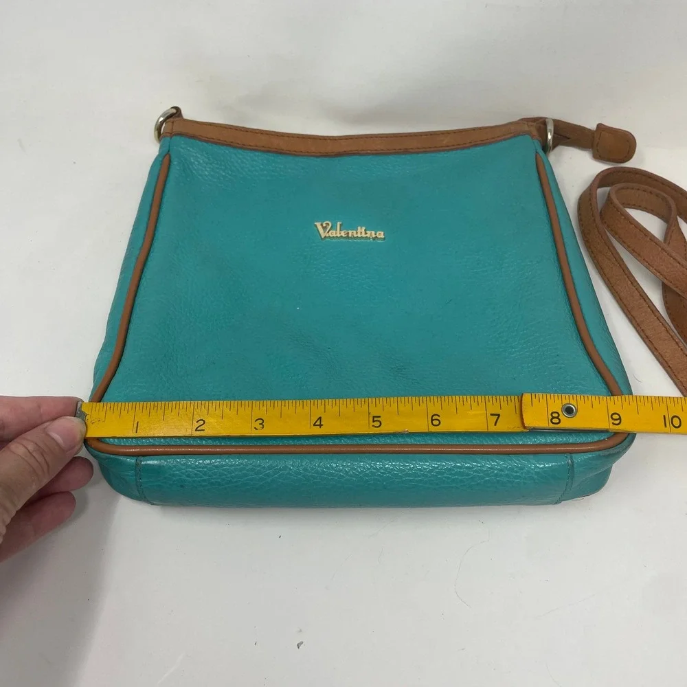 Valentina Italy Teal Blue Pebbled Leather Crossbody Bag Brown Trim Messenger